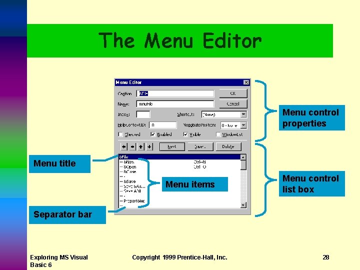 The Menu Editor Menu control properties Menu title Menu items Menu control list box