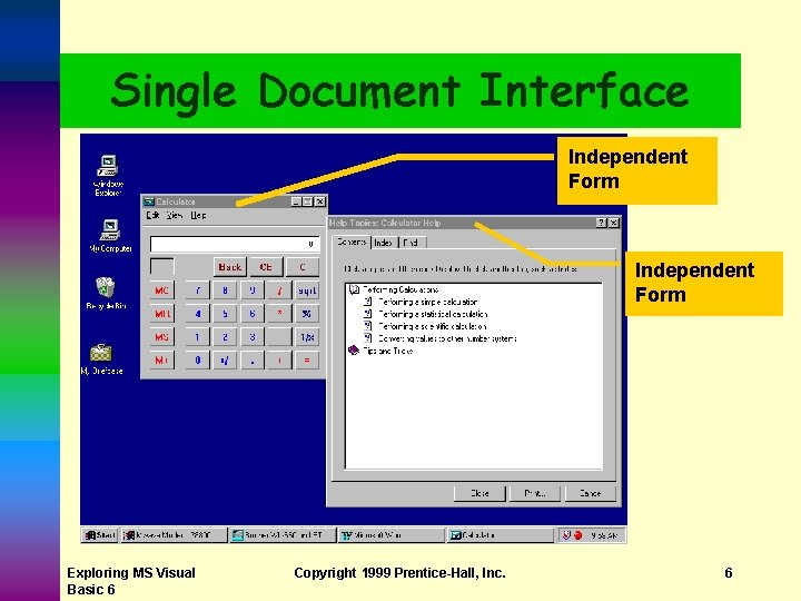 Single Document Interface Independent Form Exploring MS Visual Basic 6 Copyright 1999 Prentice-Hall, Inc.