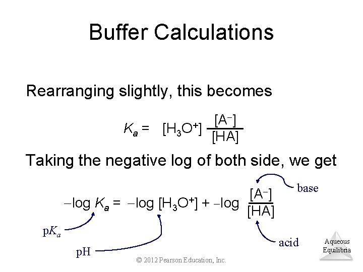 Buffer Calculations Rearranging slightly, this becomes ] [A Ka = [H 3 O+] [HA]