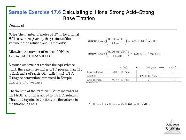 Sample Exercise 17. 6 Calculating p. H for a Strong Acid–Strong Base Titration Continued