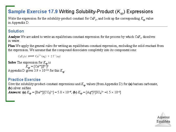 Sample Exercise 17. 9 Writing Solubility-Product (Ksp) Expressions Write the expression for the solubility-product