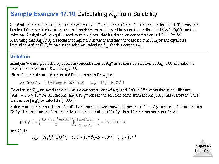 Sample Exercise 17. 10 Calculating Ksp from Solubility Solid silver chromate is added to