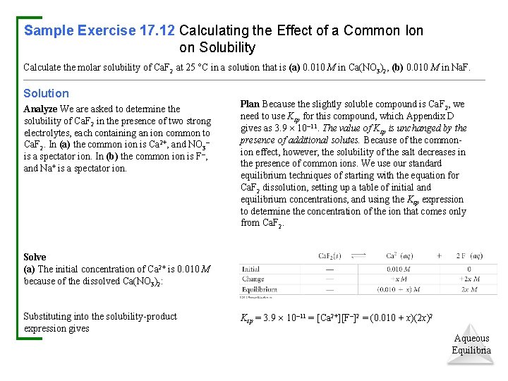 Sample Exercise 17. 12 Calculating the Effect of a Common Ion on Solubility Calculate