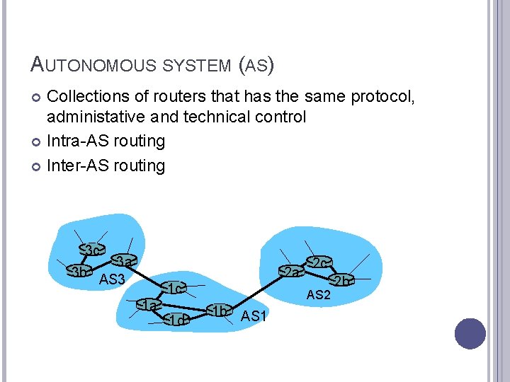 AUTONOMOUS SYSTEM (AS) Collections of routers that has the same protocol, administative and technical