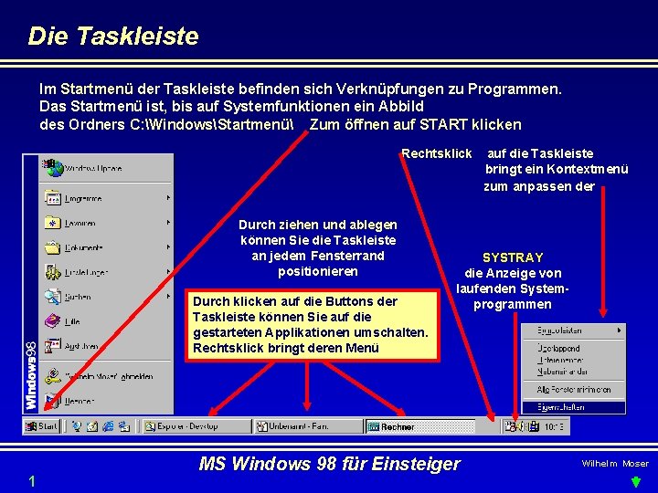 Die Taskleiste Im Startmenü der Taskleiste befinden sich Verknüpfungen zu Programmen. Das Startmenü ist,