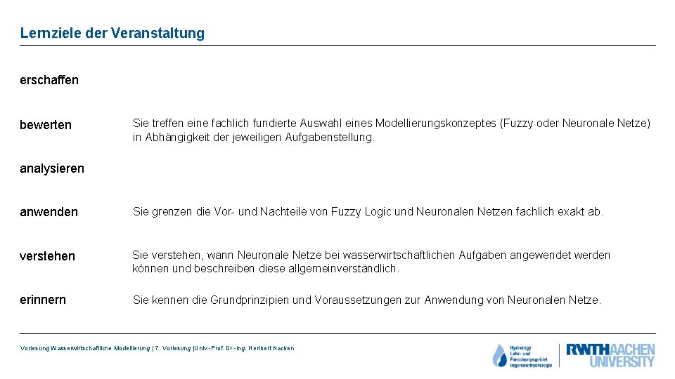 Lernziele der Veranstaltung erschaffen bewerten Sie treffen eine fachlich fundierte Auswahl eines Modellierungskonzeptes (Fuzzy