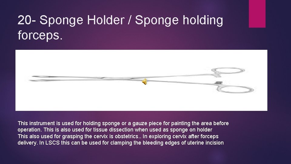 20 - Sponge Holder / Sponge holding forceps. This instrument is used for holding
