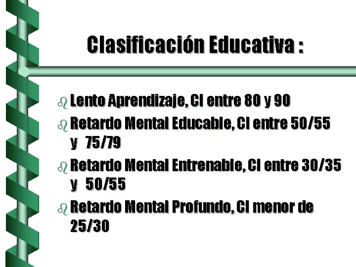 Clasificación Educativa : b Lento Aprendizaje, CI entre 80 y 90 b Retardo Mental