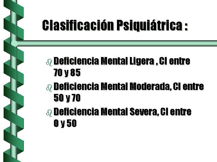 Clasificación Psiquiátrica : b Deficiencia Mental Ligera , CI entre 70 y 85 b