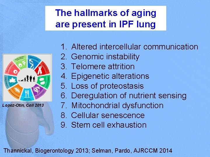 The hallmarks of aging are present in IPF lung Lopez-Otin, Cell 2013 1. 2.