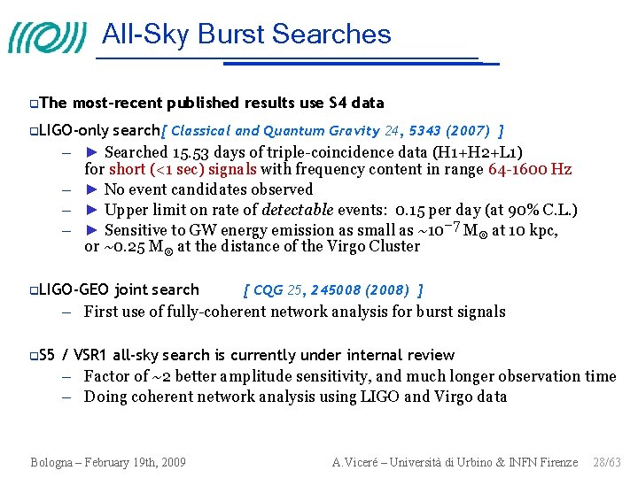 All-Sky Burst Searches The most-recent published results use S 4 data LIGO-only – –