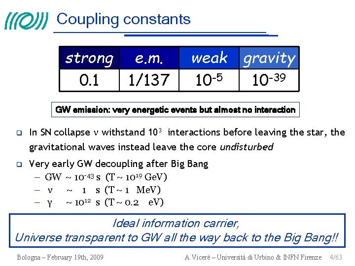 Coupling constants strong e. m. 0. 1 1/137 weak 10 -5 gravity 10 -39