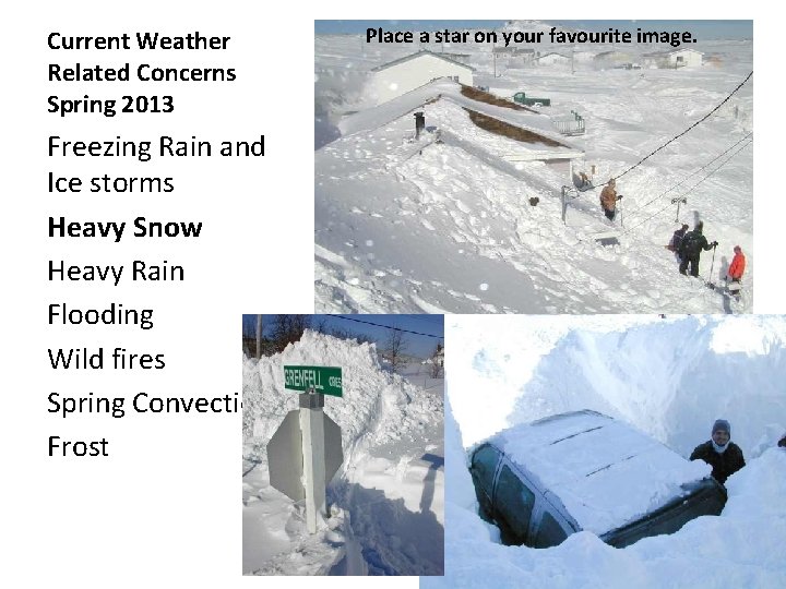 Current Weather Related Concerns Spring 2013 Freezing Rain and Ice storms Heavy Snow Heavy