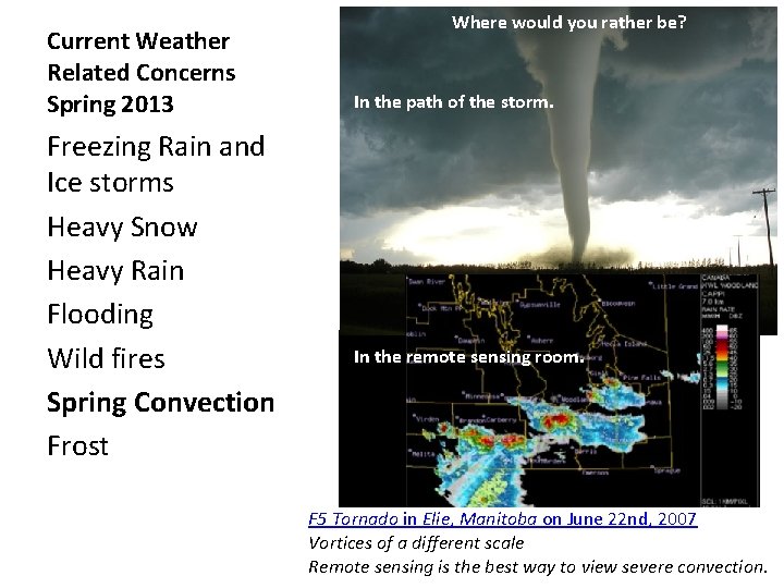 Current Weather Related Concerns Spring 2013 Freezing Rain and Ice storms Heavy Snow Heavy