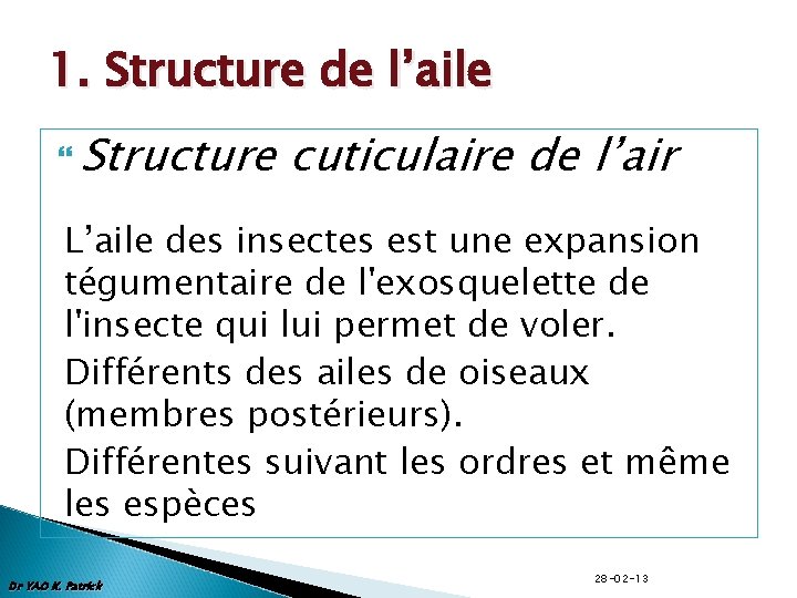 1. Structure de l’aile Structure cuticulaire de l’air L’aile des insectes est une expansion