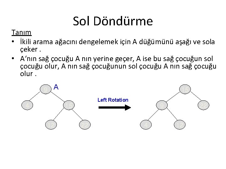 Sol Döndürme Tanım • İkili arama ağacını dengelemek için A düğümünü aşağı ve sola
