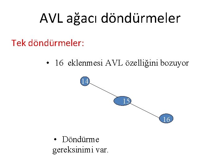 AVL ağacı döndürmeler Tek döndürmeler: • 16 eklenmesi AVL özelliğini bozuyor 14 15 16