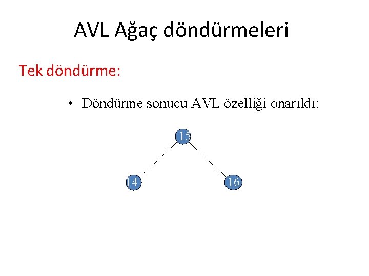 AVL Ağaç döndürmeleri Tek döndürme: • Döndürme sonucu AVL özelliği onarıldı: 15 14 16