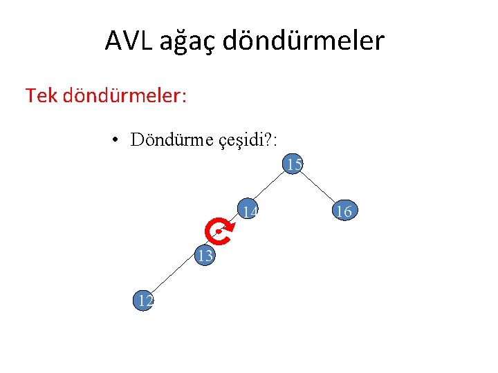 AVL ağaç döndürmeler Tek döndürmeler: • Döndürme çeşidi? : 15 14 13 12 16