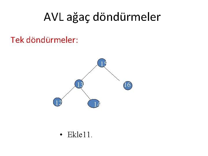 AVL ağaç döndürmeler Tek döndürmeler: 15 13 12 • Ekle 11. 16 14 