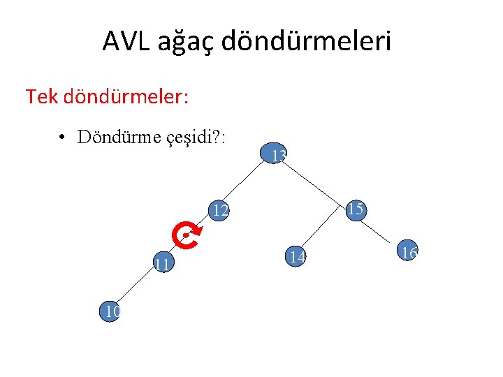 AVL ağaç döndürmeleri Tek döndürmeler: • Döndürme çeşidi? : 13 15 12 11 10