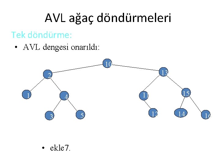 AVL ağaç döndürmeleri Tek döndürme: • AVL dengesi onarıldı: 10 13 2 1 3