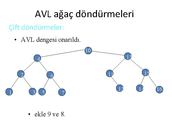 AVL ağaç döndürmeleri Çift döndürmeler: • AVL dengesi onarıldı. 10 13 4 2 1