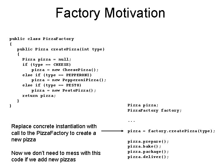 Factory Motivation public class Pizza. Factory { public Pizza create. Pizza(int type) { Pizza