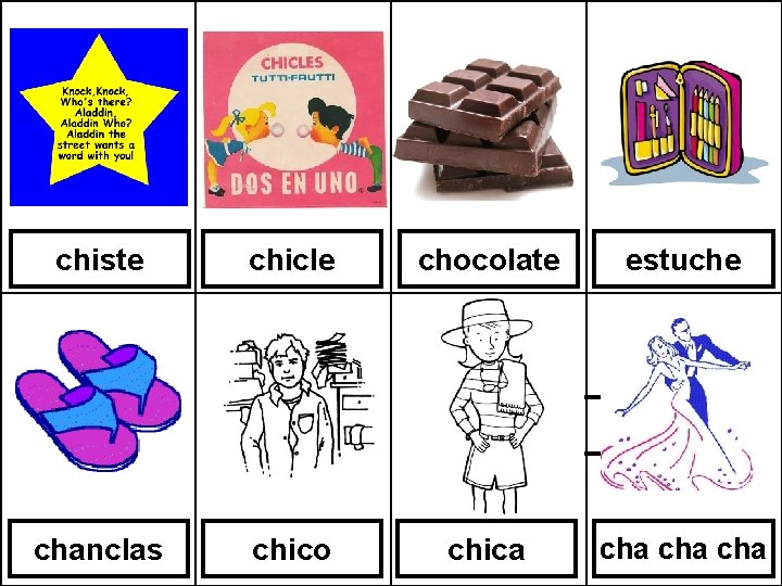 chiste chicle chocolate estuche chica chanclas chico chica cha cha 