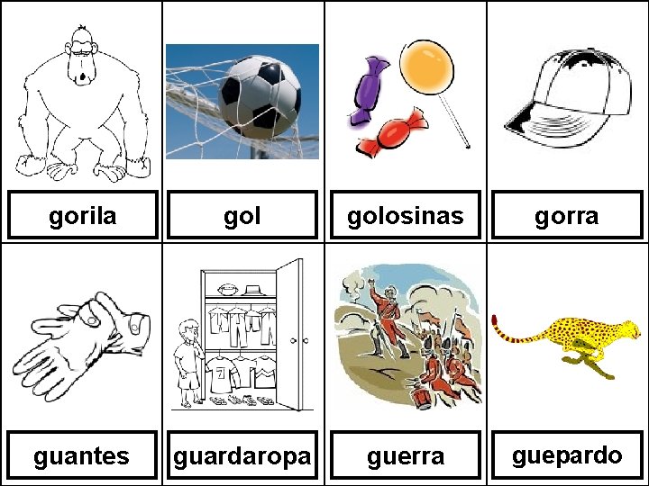 gorila golosinas gorra guantes guardaropa guerra guepardo 