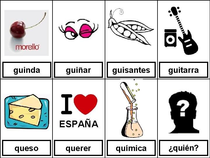 guinda guiñar guisantes guitarra química ¿quién? ESPAÑA queso querer 