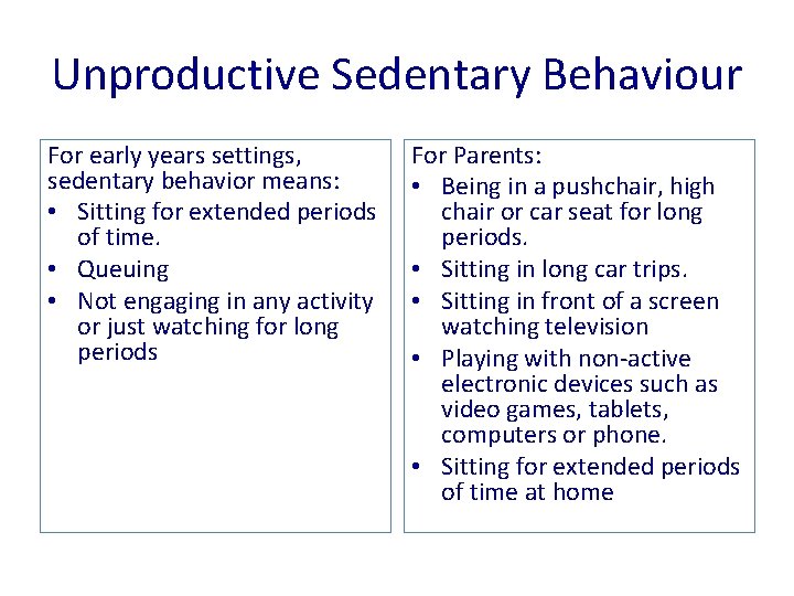 Unproductive Sedentary Behaviour For early years settings, sedentary behavior means: • Sitting for extended