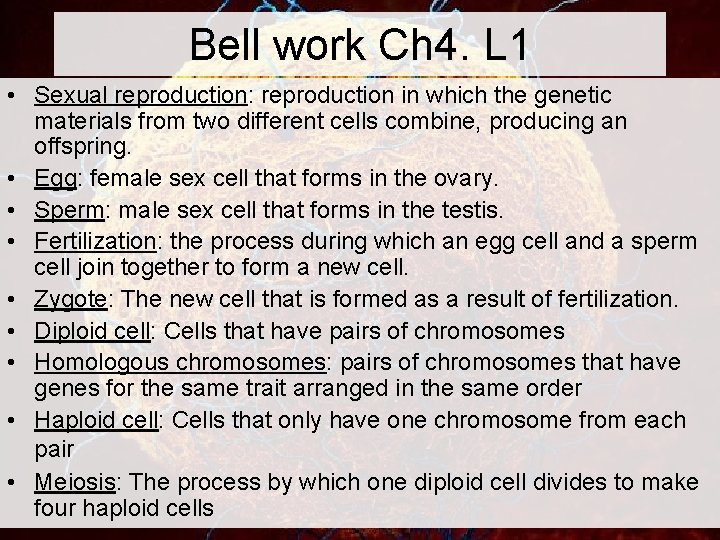 Bell work Ch 4. L 1 • Sexual reproduction: reproduction in which the genetic