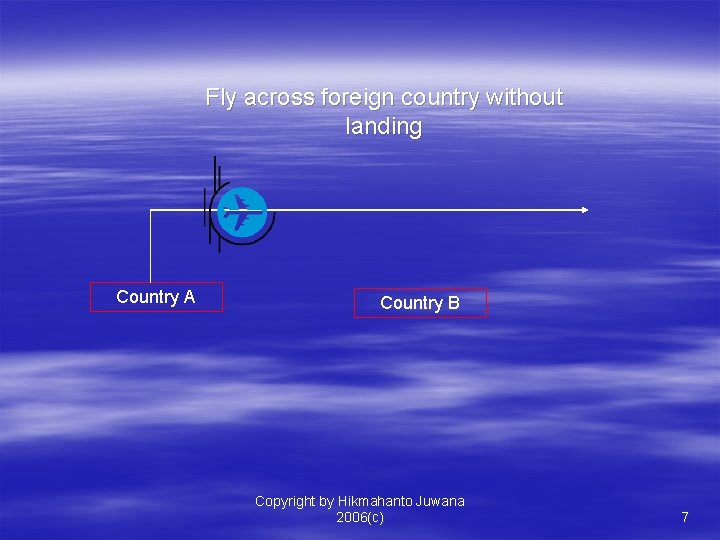 Fly across foreign country without landing Country A Country B Copyright by Hikmahanto Juwana