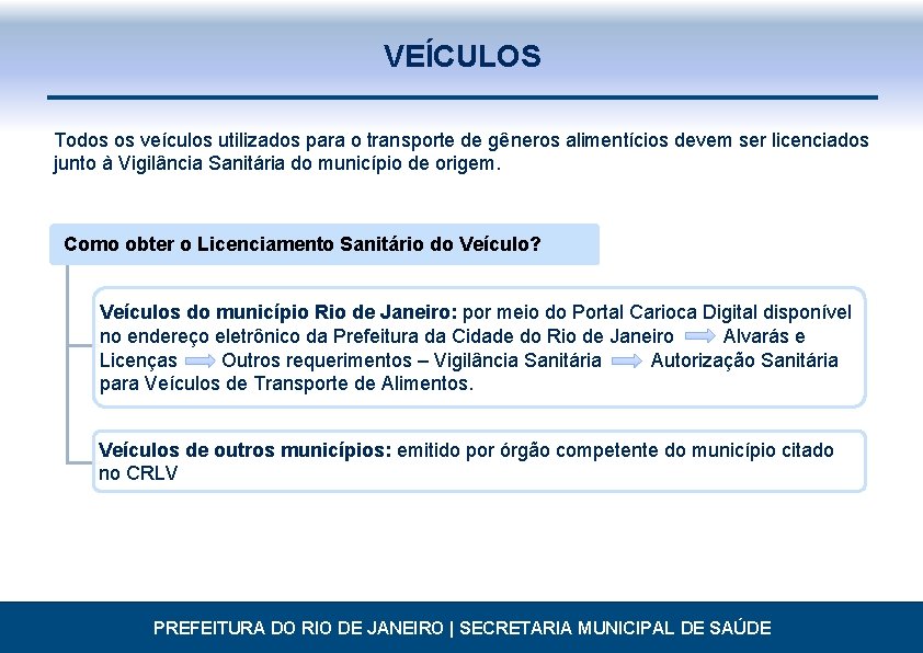 VEÍCULOS Todos os veículos utilizados para o transporte de gêneros alimentícios devem ser licenciados