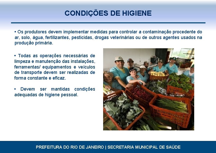 CONDIÇÕES DE HIGIENE • Os produtores devem implementar medidas para controlar a contaminação procedente