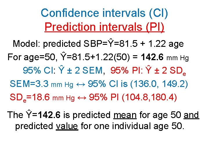 Confidence intervals (CI) Prediction intervals (PI) Model: predicted SBP=Ŷ=81. 5 + 1. 22 age