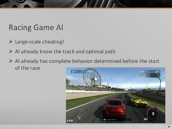 Racing Game AI Ø Large-scale cheating! Ø AI already know the track and optimal Racing Game AI Ø Large-scale cheating! Ø AI already know the track and optimal