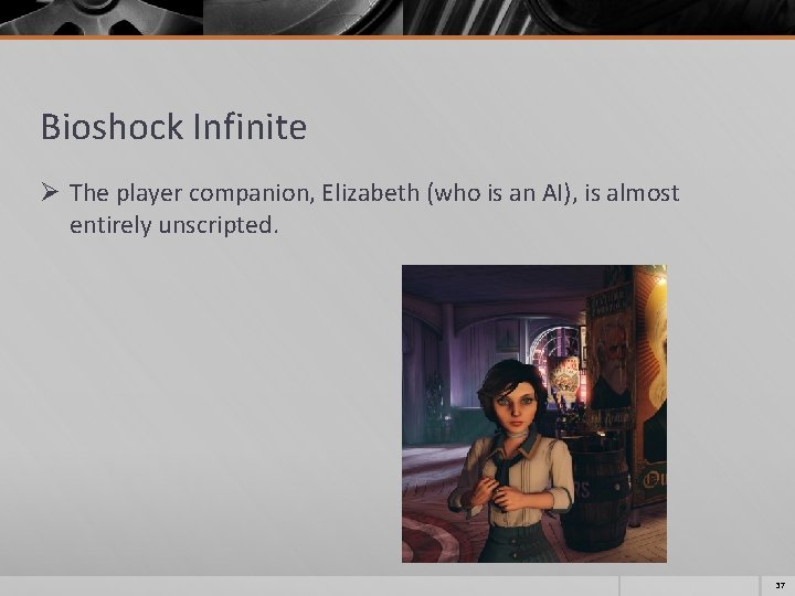 Bioshock Infinite Ø The player companion, Elizabeth (who is an AI), is almost entirely Bioshock Infinite Ø The player companion, Elizabeth (who is an AI), is almost entirely