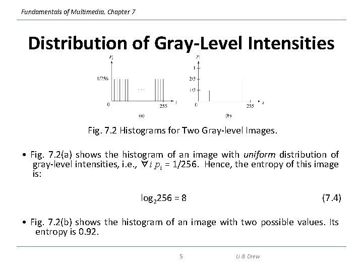 Fundamentals of Multimedia, Chapter 7 Distribution of Gray-Level Intensities Fig. 7. 2 Histograms for