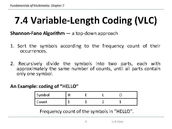 Fundamentals of Multimedia, Chapter 7 7. 4 Variable-Length Coding (VLC) Shannon-Fano Algorithm — a