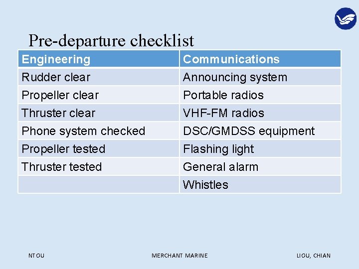 Pre-departure checklist Engineering Rudder clear Propeller clear Thruster clear Communications Announcing system Portable radios