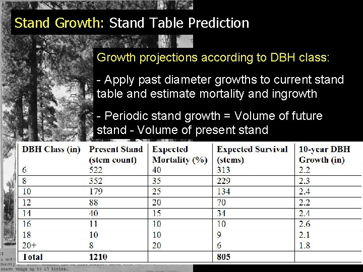 Stand Growth: Stand Table Prediction Growth projections according to DBH class: - Apply past