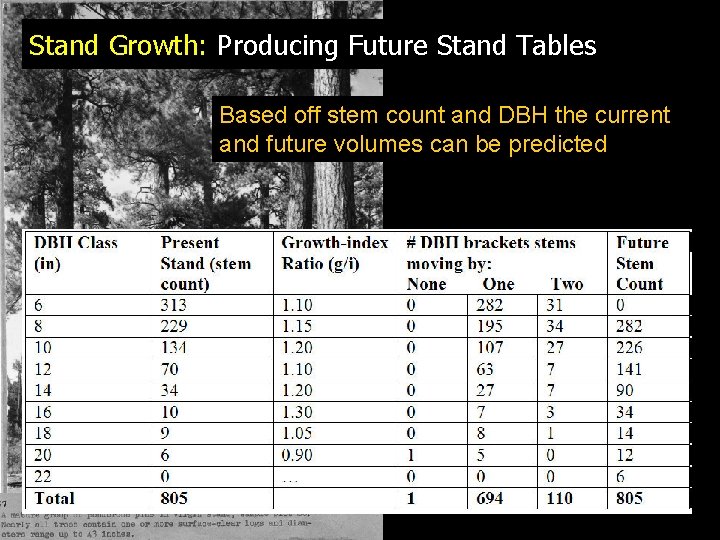 Stand Growth: Producing Future Stand Tables Based off stem count and DBH the current