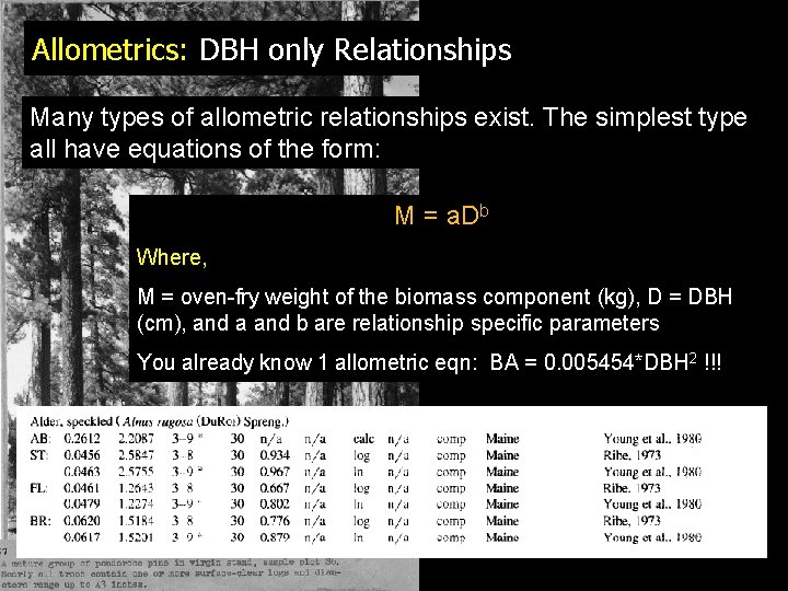 Allometrics: DBH only Relationships Many types of allometric relationships exist. The simplest type all