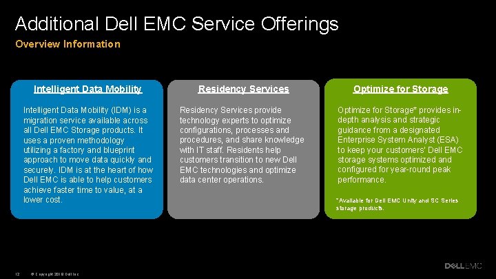 Additional Dell EMC Service Offerings Overview Information 12 Intelligent Data Mobility Residency Services Optimize