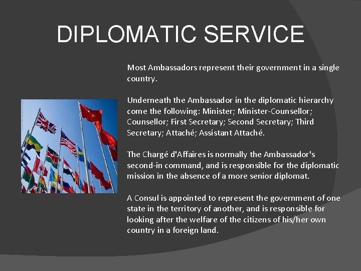 DIPLOMATIC SERVICE Most Ambassadors represent their government in a single country. Underneath the Ambassador
