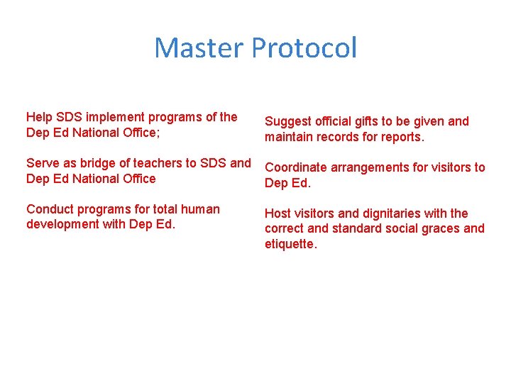 Master Protocol Help SDS implement programs of the Dep Ed National Office; Suggest official