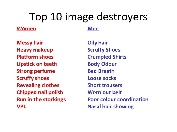 Top 10 image destroyers Women Messy hair Heavy makeup Platform shoes Lipstick on teeth