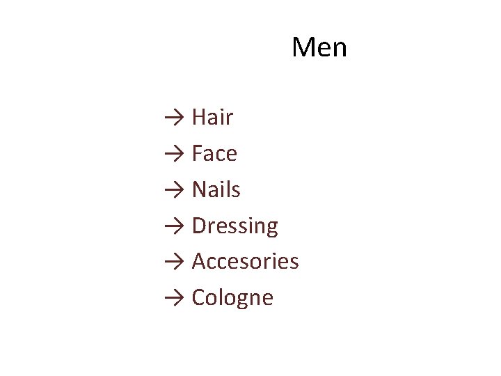 Men → Hair → Face → Nails → Dressing → Accesories → Cologne 